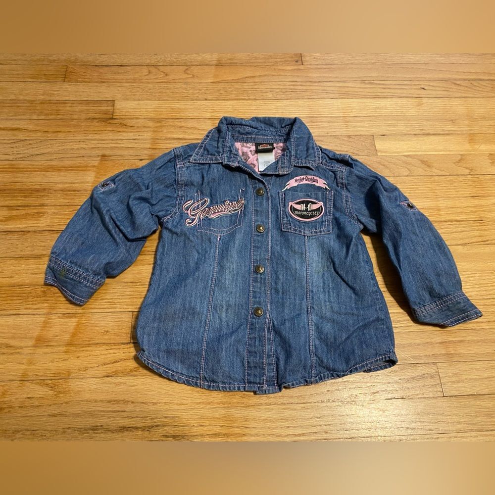 Harley Davidson Girls' Toddler 2T Denim Jacket with Pink Accents Button Down